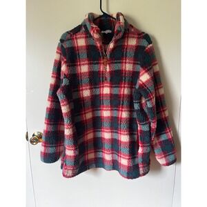 Jen & Co Womens Red Navy Plaid Sherpa Fleece Quarter Zip Pullover Jacket S/M